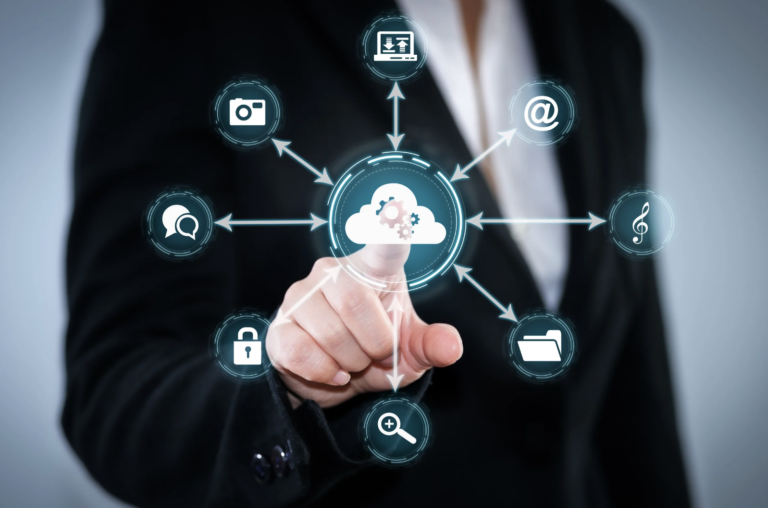 Business professional touching a digital cloud network icon representing online services and connectivity